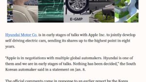 Hyundai says in early talks with Apple after electric vehicle tie-up report